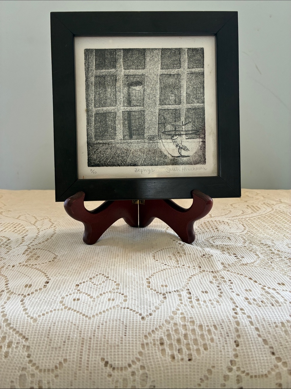 Vintage Abstract minimalist Etching Titled”Zephyr” By Artist Sarah Hinchman 6x6”
